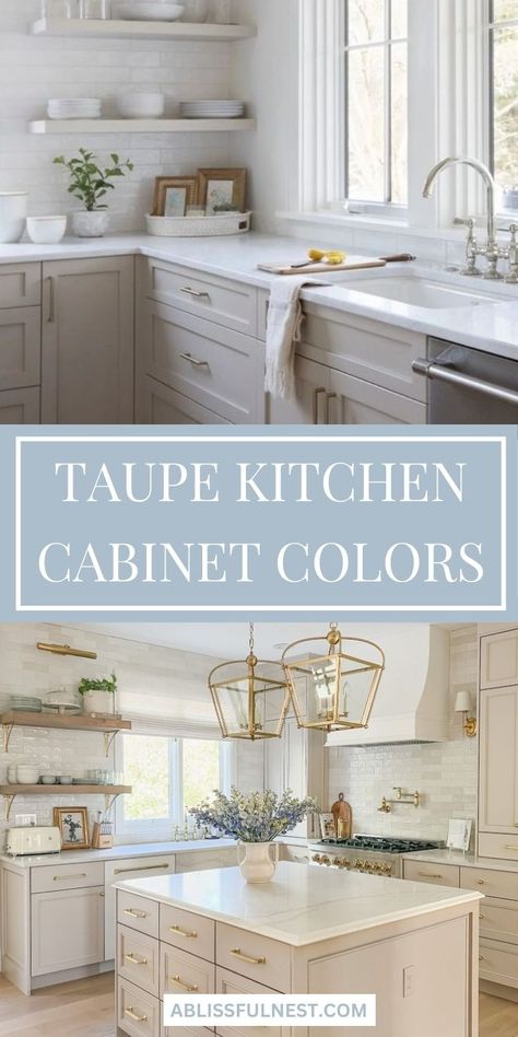 Elevate your kitchen design with the best taupe kitchen cabinet colors. Discover timeless hues and contemporary shades to complement any style. From warm, earthy tones to cool, sophisticated grays, find the perfect taupe to enhance your space. Explore versatile options that blend seamlessly with various countertops, backsplashes, and hardware for a cohesive and stylish look. #kitchenstyle #paintcolors #ABlissfulNest Light Taupe Kitchen Cabinets, Neutral Kitchen Cabinets, Taupe Kitchen Cabinets, Kitchen Cabinets Color Combination, Taupe Kitchen, Two Tone Kitchen Cabinets, Beige Cabinets, Two Tone Kitchen, Neutral Kitchen