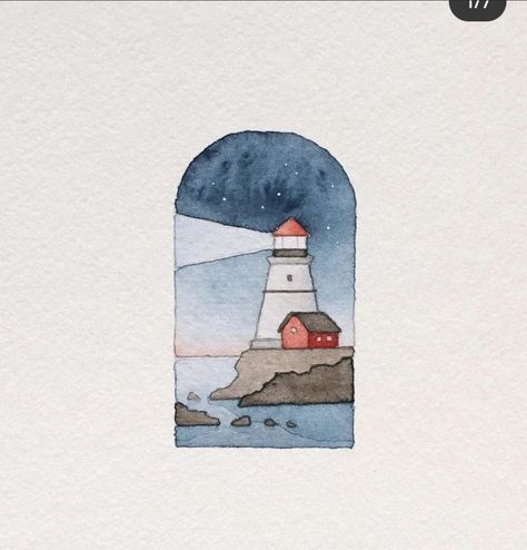 Cute Watercolour Doodles, Small Watercolor Paintings Easy, Water Doodles, Draw A Lighthouse, Watercolour Lighthouse, Watercolor With Pen, Lighthouse Watercolor, Watercolor Doodle, Watercolor Postcard