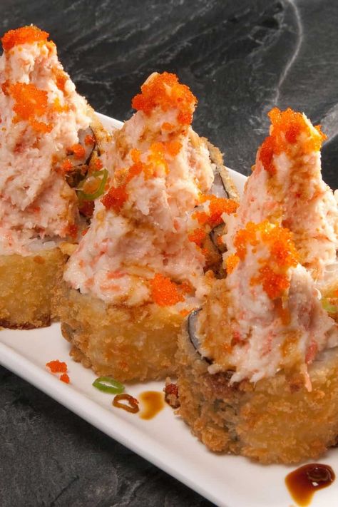 Volcano Roll Sushi Bowl, Volcano Roll Sushi Recipes, Godzilla Roll Sushi Recipe, Volcano Sushi Roll Recipe, Tiger Roll Sushi, Crunch Roll Sushi Recipe, Fried California Roll, Dynamite Roll Sushi, How To Make Volcano