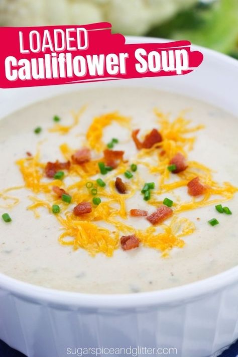 Loaded Cauliflower Soup is wholesome and filling with caramelized, roasted cauliflower, rich, salty bacon and some kid-friendly seasonings. Top each serving with your favorite "loaded potato" toppings (like cheese, chives, extra bacon, etc) for a decadent yet healthy bowl of soup. Cheddar Cauliflower Soup, Cheddar Cauliflower, Cauliflower Cheese Soups, Cheesy Cauliflower Soup, Comfort Recipes, Bacon Cauliflower, Creamy Cauliflower Soup, Mac Salad, Fresh Meals