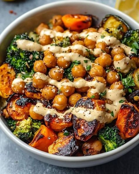 Martha Stewart Recipes cooking | Roasted Vegetable and Chickpea Bowl with Maple Dijon Tahini Dressing | Facebook Chickpeas Bowl, Chickpea Bowl, Martha Stewart Recipes, Healthy Bowls, Roasted Vegetable, Tahini Dressing, Broccoli Florets, Tempeh, Meatless Meals