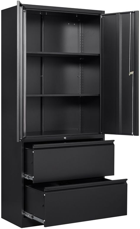 PRICES MAY VARY. 【Lockable Storage Cabinets】Our file cabinet come with locks and 2 adjustable shelf for a great fit and convenience. high end unlocks to protect valuables including keys. Whatever your storage needs, you can create a unique storage space that suits them 【HIGH QUALITY MATERIAL】The metal cabinet is integrally formed, using heavy-duty cold-rolled steel plate, the entire metal frame is thickened, more durable, each shelf has a carrying capacity of up to 180 pounds, sturdy and not eas Black Metal Storage Cabinet, Garage Cabinets Ideas Wall, Corner Garage Storage, Ivar Metal Cabinet, Garage Cabinet Ideas, Boujee Office, Organize Storage Room, Garage Storage Ideas Cabinets, Board Game Storage Cabinet