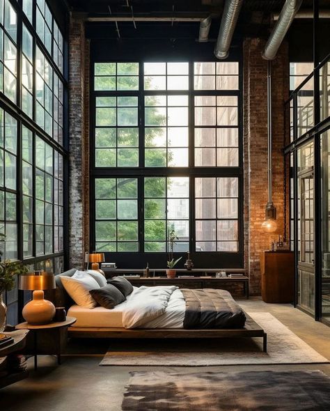 New York Loft Dream Home Master Bedroom Boho Loft Apartment, Loft Aesthetic, Relaxing Spaces, Brick Ideas, Industrial Style Bedroom, Boho Bedrooms, Bedroom Paint Colors Master, Home Bedroom Design, Nyc Loft