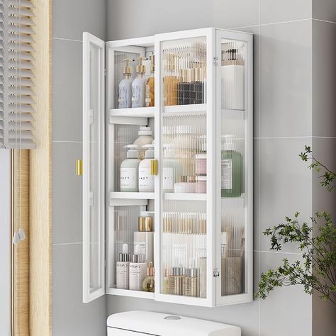 PRICES MAY VARY. 💖Wall Storage Cabinet - Having this storage cabinet mounted on the wall can maximize the use of space and save valuable floor space. You can install it at a suitable height for quick access to your items. 💖Storage Cabinet - This wall cabinet is designed with three tier shelves, which provides you with a flexible storage solution to classify and store different items. More items could also be displayed on the top of it. 💖Sturdy Material - Made of heavy-duty steel, clear acryli Small Cabinet Storage Ideas, Ikea Bathroom Hacks Storage, Skincare Organization Small Space, Bathroom Built In Storage Cabinet, Bathroom Wall Cabinets Storage, Shallow Wall Storage, Medicine Cabinets Bathroom, Ikea Bathroom Cabinets, Wall Cabinet For Bathroom