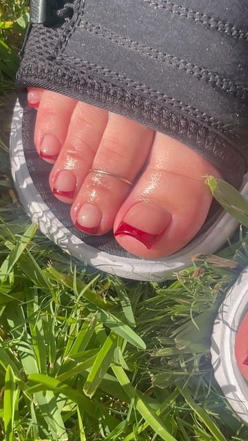 Red French Tip Nails Pedicure, Classy Toenails Pedicures, Pedicure Ideas Red Toenails, Acrylic Toenails Pedicures, Summer Red Toe Nails, French Tip On Toe Nails, Burgundy French Tip Toes, Red Tip Toe Nails, Cherry Red Toenails