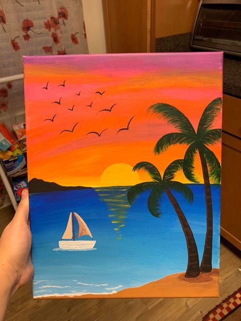 Simple acrylic painting of palm trees on a beach with waves coming in, a sailboat on the water at sunset with birds taking flight and mountains off on the horizon Sun Set Beach Painting, Sunset Pictures Painting, Sunset In Water Painting, Beach Drawing Acrylic, Sunset On A Beach Painting, Painting Of Sunset On Beach, Beach With Mountains Painting, Water Sunset Painting, Sunset Painting Beginner