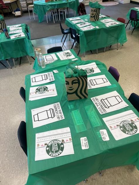 Whitson Elementary School Starbucks Day In Classroom, Starbucks Themed Games, Starbucks Room Transformation, Starbucks Classroom Transformation, Cafe Classroom, Starbucks Classroom Theme, Starbooks Cafe Classroom, Valentines Classroom Decorations, Class Store