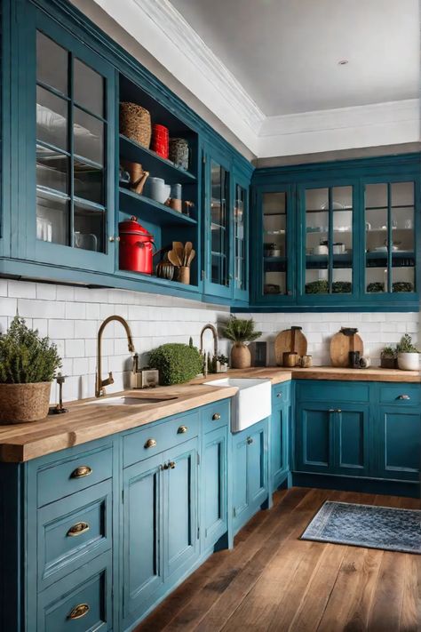 Colorful kitchen cabinets Kitchens With Turquoise Cabinets, Colonial Style Kitchen Cabinets, Colour Kitchen Cabinets Ideas, Kitchen With Turquoise Accents, Mid Blue Kitchen Cabinets, Turquoise And Wood Kitchen, Teal Color Kitchen Cabinets, White And Teal Kitchen Cabinets, Boho Kitchen Blue Cabinets