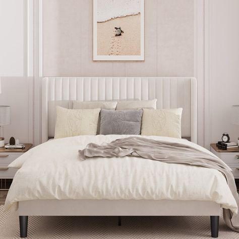 Willa Arlo Interiors Candler Upholstered Wingback Bed & Reviews | Wayfair High Headboard, White Bed Frame, Headboard Design, Bed Platform, Wingback Bed, White Headboard, Wingback Headboard, Bedroom Style, Bed Headboard