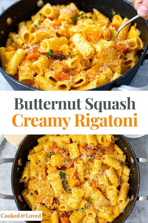 Learn how to make creamy roasted butternut squash pasta with garlic crumbs with our easy to follow recipe and step-by-step instructions and photos. Using delicately sweet butternut squash, hardy rigatoni pasta and simple ingredients for the sauce, this dish is fit for a restaurant menu, yet you can easily make it at home. It's an absolute crowd-pleaser, and your family and dinner guests will be impressed and satisfied!  via @irena_macri Butternut Squash Dinner, Roasted Butternut Squash Pasta, Butternut Squash Recipes Pasta, Squash Pasta Recipe, Butternut Squash Pasta Sauce, Pasta With Garlic, Rigatoni Recipes, Butternut Squash Sauce, Acorn Squash Recipes