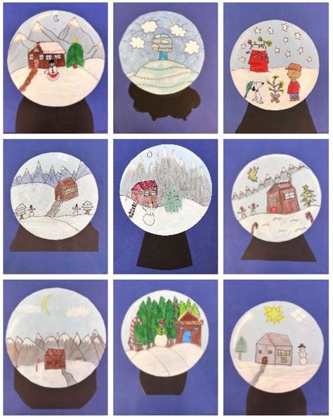 Middle School students will create magical scenes in this fun Snow Globe art project that is perfect for winter months. Winter Art Third Grade, Upper Elementary Winter Crafts, Third Grade Winter Art Projects, Art Projects For Fourth Grade, Winter Craft 3rd Grade, Grade 6 Winter Art, Snowglobe Art For Kids, Winter Art 2nd Grade, Snow Globe Art Lesson