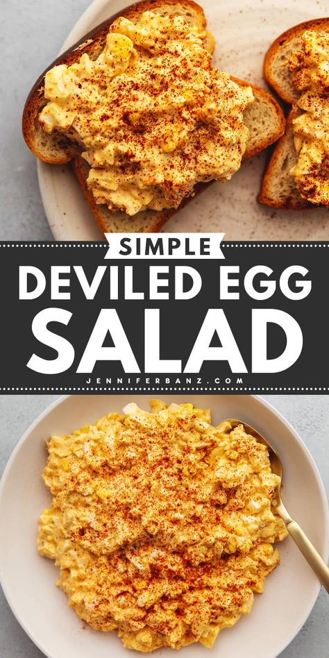 This easy classic deviled egg salad recipe is filled with all the flavors you expect from deviled eggs. Learn how to make this best egg salad and you'll have another gem to your spring salad recipes! Serve with lettuce wraps or on some toast! Yum! Leftover Deviled Eggs What To Do With, Appetizers With Eggs, Deviled Egg Toast, Healthy Ish Recipes, Sunny Side Up Egg Recipes, Buffalo Egg Salad, Egg Salad Recipe With Pickles, Deviled Egg Salad Sandwich, Fried Egg Salad