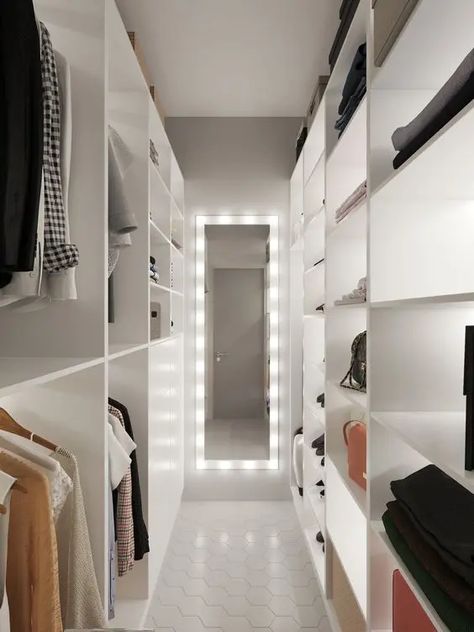 Closet With Shelves, Narrow Closet Design, A Walk In Closet, Narrow Closet, Dressing Room Closet, White Closet, Dream Closet Design, Closet Design Layout, Luxury Closets Design