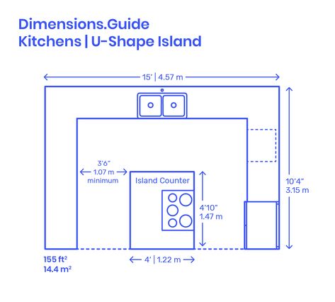 U-Shape Kitchen Islands are continuous kitchen layouts that locate cabinetry and fixtures along three adjacent walls around a centralized island counter. U-Shape Kitchen Islands have widths that range from 15’-18’ | 4.6-5.5 m with overall depths and island dimensions that vary as needed. Downloads online #kitchens #layouts #home #homedesign #interiors U Shaped Kitchen Island, Types Of Kitchen Flooring, G Shaped Kitchen, Kitchen Island Dimensions, Floor Plan With Dimensions, Kitchen Layouts With Island, Kitchen Triangle, Kitchen Floor Plan, Kitchen Layout Plans