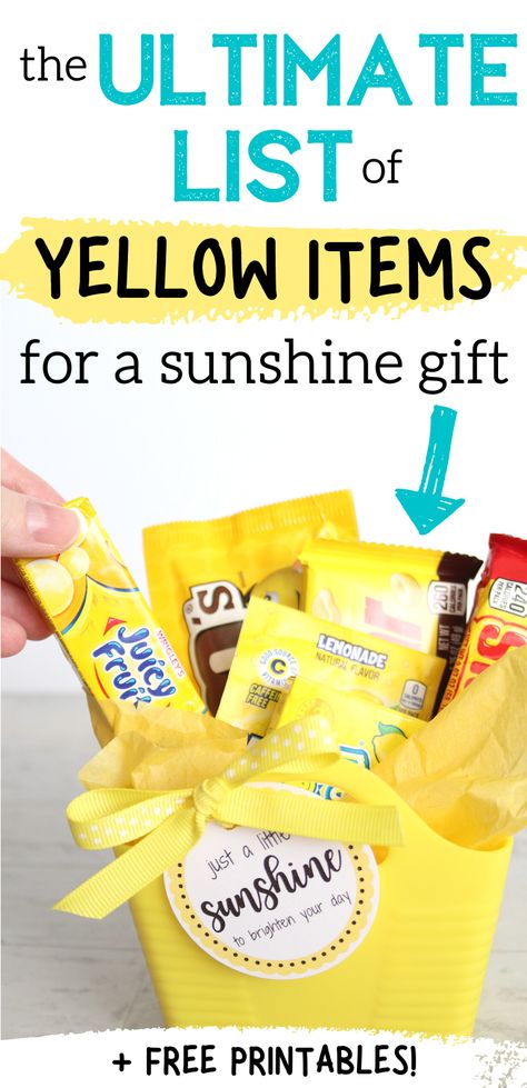 Make a DIY sunshine gift to share some happiness with a friend who needs cheering up! This is the ultimate list of yellow items you could put in a sunshine gift basket. Plus grab a free printable tag and card! #sunshinegiftbasket #boxofsunshine #diygiftideas #yellowgift Aubree Originals is a participant in the Amazon Services LLC Associates Program, an affiliate advertising program designed to provide a means for sites to earn advertising fees by linking to Amazon.com and affiliated sites. Yellow Teacher Appreciation Gifts, Happy Basket Care Packages, Sunshine Gift Box Ideas, Sunshine Bag Ideas, Sunshine Basket Care Packages, Cheer Up Gifts Friends Care Packages, Cheer Up Box Care Packages, Teacher Gift Bags Ideas, Thinking Of You Gifts