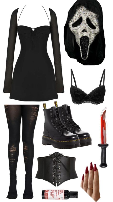 #screammovie #halloweencostume #halloweeninspo #costumeinspo #outfitinpso Halloween Outfit Inspo Scary, Cute Ghost Face Halloween Costume, Goth Halloween Costumes Women, Halloween Costumes Women Spooky, Cool Scary Halloween Costumes, Halloween Ideas Fantasias, Halloween Costume With A Black Dress, Ghost Face Costume Women Outfit, Scream Movie Outfits