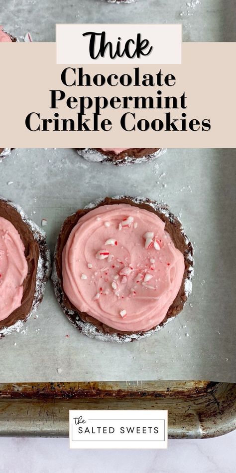 Chocolate Peppermint Swig Cookies, Chocolate Cookies With Peppermint Icing, Crinkle Cookies Recipe Cool Whip, Peppermint Filled Cookies, Chocolate Peppermint Crinkles, Candy Cane Crinkle Cookies, Chocolate Crinkle Peppermint Cookies, Peppermint Frosted Cookies, Crumbl Peppermint Cookie