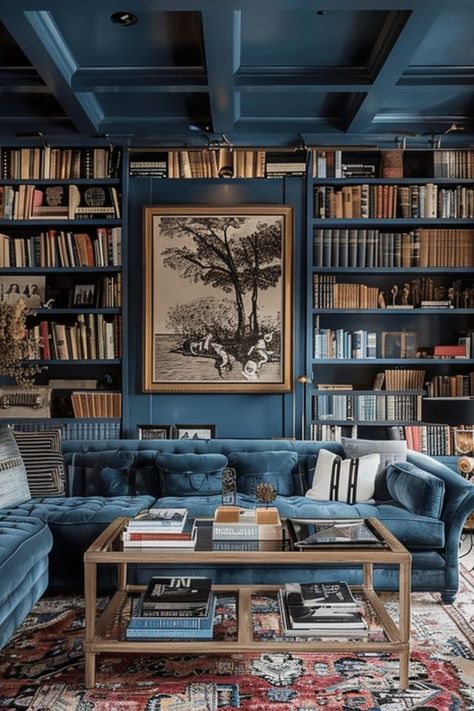 Create an Elegant Reading Nook with Chic Home Libraries 📚✨ Design a sophisticated home library that combines style and comfort. Use elegant shelving, cozy seating, and tasteful decor to create the perfect literary escape. 🌿🛋️ #HomeLibrary #ReadingNook #ChicDecor #InteriorInspo Library Cocktail Room, Grand Millennial Library, Formal Living Room Library, Navy Library Room, Dark Blue Library Room, Ravenclaw Library, Classic Library Design, Navy Blue Library, Blue Library Room