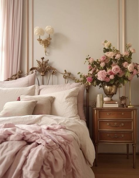 Golden Bed, Antique Bookshelf, Wooden Cupboard, Victorian Bedroom, Feminine Bedroom, Pink Sheets, Vintage Bedroom, Pink Bedroom, Dream House Interior