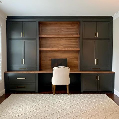 Condo Built Ins Small Spaces, Small Den With Desk, Small Home Office Built Ins, Built Ins For Office, Modern Cottage Design Interior, Small Basement Office Ideas No Windows, Built In Desk And Shelves Bedroom, Built In With Desk, Built In Office