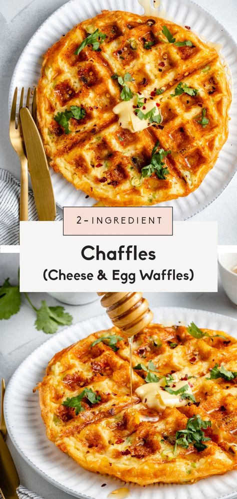 Amazing low carb cheese and egg waffles, or "chaffles," made with two base ingredients. This easy recipe for chaffles takes just 15 minutes to make and is gluten free, vegetarian, keto-friendly and packed with protein! Enjoy chaffles for a delicious breakfast or brunch with your fav toppings and sides. #chaffles #waffles #eggs #healthybreakfast #healthybrunch #lowcarb #glutenfree #keto Waffle Iron Egg Recipes, Cheese Egg Waffle, Healthy Waffle Maker Ideas, Egg Recipes Gluten Free, Waffle Omelette Recipe, Waffle Maker Eggs, Savoury Waffles Breakfast, Recipes For Dash Mini Waffle Maker, Lowcarb Breakfast Recipes