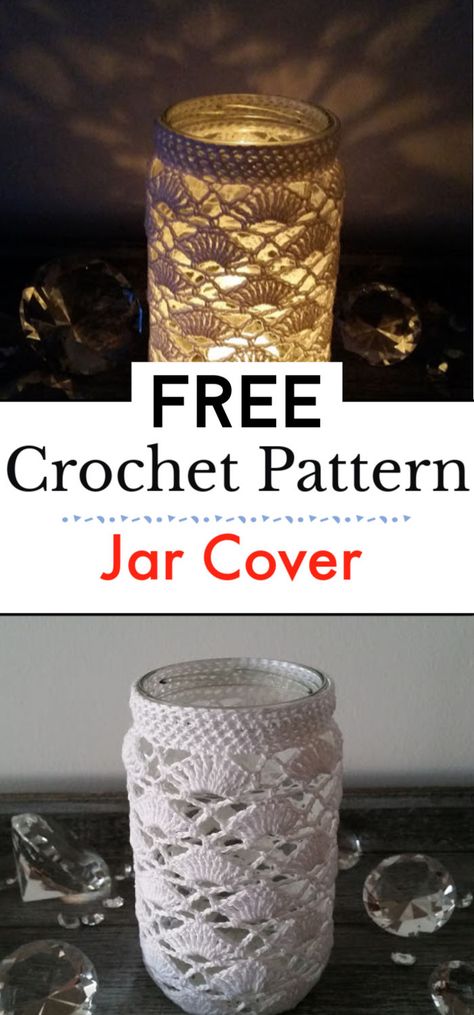 Crochet Glass Cover Free Pattern, Crocheted Mason Jar Covers Pattern, Crochet Glass Jar Cover, Crochet Covers For Mason Jars, Mason Jar Cozy Crochet Pattern, Crochet Mason Jar Cozy Pattern Free, Crochet Candle Holder Pattern Free, Crochet Vase Holder, Crochet Lamp Cover