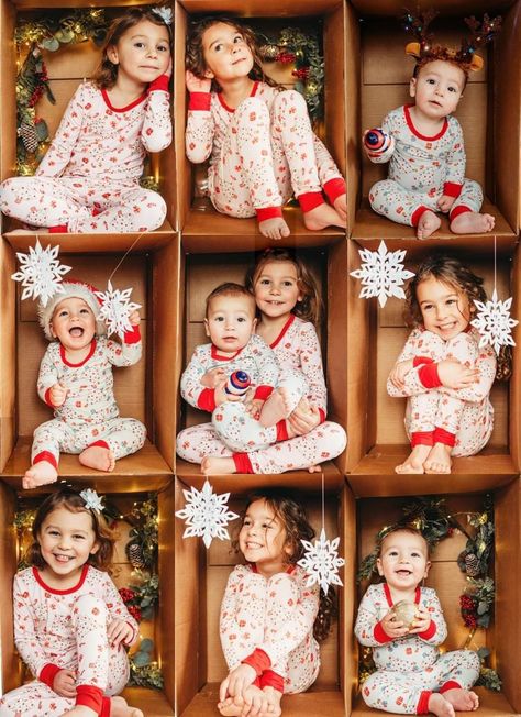 Siblings Xmas Photo Ideas, Christmas Box Ideas Photography, Toddler Christmas Box Pictures, Card Board Box Christmas Photos, Siblings Christmas Photoshoot Ideas, Christmas Photoshoot For Toddler, At Home Kids Christmas Photoshoot, Toddler Xmas Photo Ideas, Christmas Home Photoshoot Kids