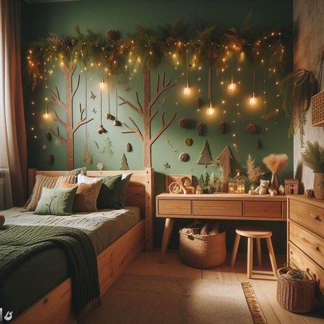 Image Creator Forest Inspired Kids Room, Magical Home Interior, Forest Bedroom Kids Boys, Meadow Themed Bedroom, Forest Themed Boys Room, Forest Theme Kids Bedroom, Magical Nursery Woodland, Fairy Cottage Core Nursery, Boys Room Forest Theme