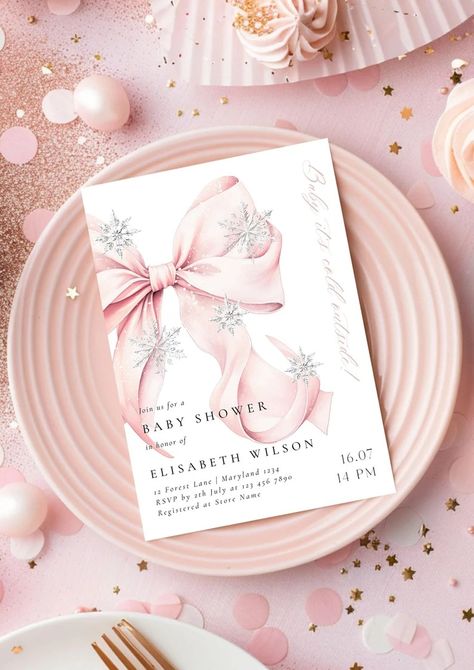 Pink Bow Baby It's Cold Outside Baby Shower Invitation Template Christmas Holiday Snowflake Snowfall Winter Wonderland Elegant Shower Invite - Etsy Romania Baby Shower Chic, Winter Baby Shower Themes, Bow Birthday, Snowflake Baby Shower, Bow Baby Shower, Winter Wonderland Baby Shower, Outside Baby Showers, Template Christmas, Holiday Snowflakes