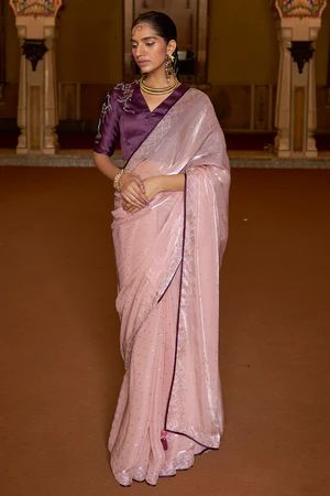 Brasso Saree - Buy Brasso Sarees Online @ Best Price | Karagiri Pink Saree Combination, Organza Blouse Designs, Pre Wedding Outfits, Net Dress Design, Saree Combination, Pink Organza Saree, Contrast Outfit, Text Ideas, Long Blouse Designs