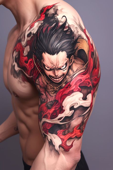 One Piece Tattoos For Men, One Piece Sleeve Tattoo, One Piece Tattoo Ideas Design, Luffy Tattoo Design, One Piece Luffy Tattoo, Painting Tattoo Ideas, Asian Tattoo Ideas, One Piece Tattoo Design, Luffy Tattoo Ideas