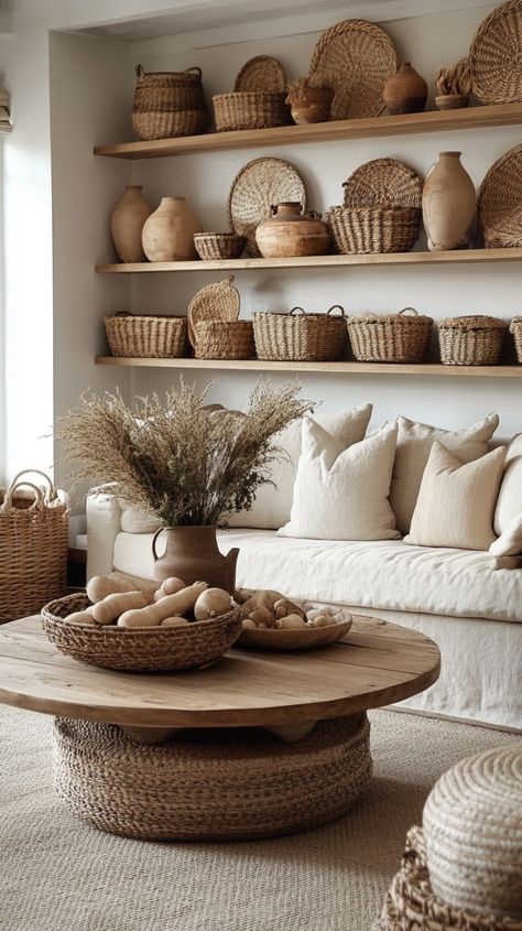 Cozy living room with rustic wooden shelves, linen sofa, natural wood coffee table, and earthy decor in calming tones. Beige Earthy Living Room, Earthy Coastal Living Room, Living Room Decor Earthy, Earthy Boho Living Room, Earth Tones Living Room, Cozy Earthy Living Room, Earthy Living Room Ideas, Wellness Sanctuary, Woven Cushions