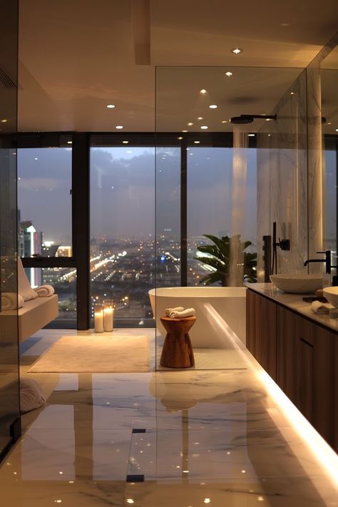 Bathtub By The Window, Nyc Luxury Apartment Bathroom, Bathroom With View Window, Bathroom City View, City Apartment Bathroom, Elegant Bathroom Luxury Modern, Luxury Apartment Bathroom, Nyc Apartment Bathroom, City Bathroom