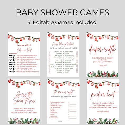 This 6 Baby Shower Games features a minimalist design, Christmas illustrations and a modern font. It's perfect to add style to your beautiful Christmas baby shower event! You can edit the text, font color, add photos and background color to add your own accent and match to your event style! 100% editable Christmas baby shower games bundle with digital download! This template can be edited through Canvas.com, a free online tool that allows you to personalize your designs right after purchasing and instantly download them in any size or format you'd like! ----------------------------- ABOUT CANVA Edit your items at Canva.com right after purchasing. * No waiting! You'll have access to your item right after purchasing. * No need to download any software. Personalize this item right in your bro Baby Shower Ideas December, Bundle Of Joy Baby Shower Ideas, Winter Baby Shower Games, Christmas Themed Baby Shower Games, Candy Cane Baby Shower Theme, Santa Baby Shower Games, Santa Baby Shower Ideas, Xmas Baby Shower Theme, A Merry Little Baby Shower Theme