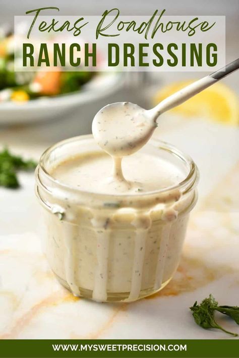 Enjoy the bold, creamy flavor of Texas Roadhouse right at home with this easy-to-follow recipe for their signature ranch dressing. This homemade condiment mixes up the tangy zest of fresh herbs with the creamy goodness of mayonnaise and sour cream. Drizzle it over your fresh garden salad or dunk your veggies in it - this Texas Roadhouse ranch recipe is downright delicious! Small Batch Ranch Dressing, Goat Cheese Ranch Dressing, Texas Roadhouse Onion Blossom Sauce, Copycat Texas Roadhouse Ranch Dressing, Texas Road House Ranch Dressing, Texas Roadhouse Salad Recipe, Texas Roadhouse Salad, Texas Roadhouse Ranch Dressing Recipe, Hidden Valley Ranch Dressing Recipe