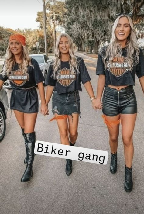 Women’s Biker Costume, Bikers Halloween Costumes, Biker Babe Outfit Halloween, Biker Outfits For Women Spirit Week, Biker Theme Outfit, Biker Costume Women Halloween, Biker Babe Costume, Biker Dress Up Day, Halloween Costumes With Leather Pants