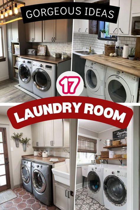 A visually striking collage of four laundry room designs. The top left features a cozy area with dark wood cabinets and plants, while the adjacent image shows a light room with a window. The bottom left displays another laundry area with dark cabinetry and stylish washers, and the last panel shows a white space with matching appliances. The central text reads "GORGEOUS IDEAS 17 LAUNDRY ROOM." Multi Purpose Laundry Room Ideas, Decorating Washer And Dryer, Small Laundry Room Ideas Top Loaders With Sink, Laundry Room Counters Over Washer Dryer, Black Shiplap Wall With Shelves, Laundry Room With Coffee Bar, Laundry Room With Large Window, Laundry Room Design With Sink Farmhouse, Laundry Room Waterfall Countertop