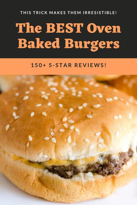 burger on a seeded bun with cheese melted Hamburgers Cooked In The Oven, Baking Hamburger Patties Oven, Oven Cave Burgers, Homemade Hamburgers In Oven, Broil Burgers In Oven, Ways To Cook Hamburger Patties, How To Bake Hamburger Patties, Oven Baked Hamburgers Patties, How Long Do You Bake Hamburgers In The Oven