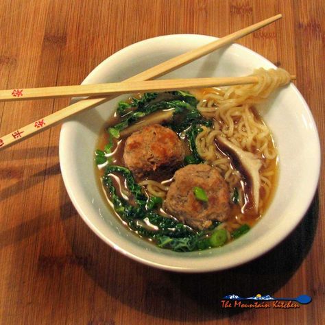 Pork Ramen Noodle Soup Pork Meatball Soup, Ramen Noodles Package, Ramen Noodle Recipes Soup, Pork Meatball, Caramelized Pork, Pork Ramen, Mountain Kitchen, Sausage Meatballs, Chinese Pork