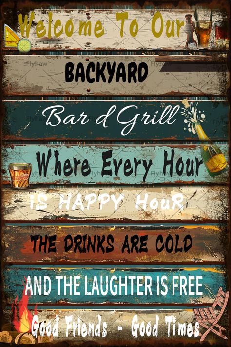 PRICES MAY VARY. Size And Material: This backyard bar metal tin sign measures 8x12 inches, suitable for any size space. backyard bar metal tin posters are made of stainless steel tin/iron with beautifully printed patterns and text to give the metal tin decorations more character, and the durable material makes it last longer. Installation And Placement: this backyard bar metal tin sign comes with pre-drilled screw holes for easy hanging on any surface. If you have outdoor decoration needs, you c Camping Rules Sign, Backyard Signs And Sayings, Tin Decorations, Backyard Grilling Area, Backyard Signs, Camping Rules, Bar Metal, Backyard Grilling, Backyard Bar