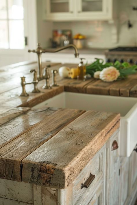 Choose the Perfect Countertops for Your Farmhouse Kitchen - Quiet Minimal Farm Style Small Kitchen, Farmhouse Kitchen White Cabinets Wood Countertops, Diy Farmhouse Countertop, Raw Wood Countertop, Rustic Countertop Ideas, Kitchen Design Farmhouse Modern, Cozy Country Kitchen Ideas, Kitchen Islands With Butcher Block Tops, Reclaimed Wood Kitchen Countertops