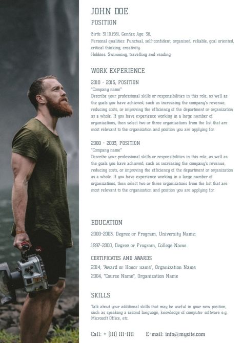 Photographer resume sample, made on Wilda Photography Resume, Photographer Resume, One Page Resume, Gym Trainer, Resume Sample, Cv Design, Print Advertising, Resume Design, Send It