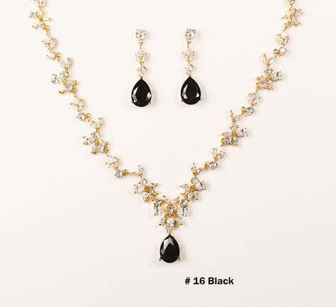 "The default will be: \"Black CZ Stone, Kraft/Tan box with twine  & no message\". If you need different colored Stone, please check the stone color chart in last photo &  specify the color number in checkout notes section. This three pieces jewelry set is made with high quality AAA cubic zirconia on triple white gold plated set.  The necklace has 15 CZ sections linked with a Teardrop CZ pendant size of 12 x16mm. Total length is 17-19 inches adjustable. Let me know if you would like customized to different length. Bracelet has 6 CZ sections linked to size of 6.5 inch. Extend clasp included to fit wrist size 6.5 ~7.5 inch. if you need custom length, please contact me for detail.  Drop Earring pendant size is 12x16mm, with total length 1.25 inch.  Earring has been triple plated to ensure tota Jewelry For Black Bridesmaid Dress, Black Outfit Gold Jewelry, Black Tie Jewelry, Black Wedding Jewelry, Gold Jewelry Prom, Black Pendant Necklace, Ethereal Jewelry, Prom Earrings, Black Gems