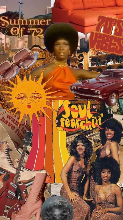 70s Pop Aesthetic, Black Retro Aesthetic, Black 70s Aesthetic Wallpaper, 80s Soul Aesthetic, Golden 70s Aesthetic, Retro Soul Aesthetic, 70s Photography Aesthetic, Black Woman Collage, 70s Yellow Aesthetic