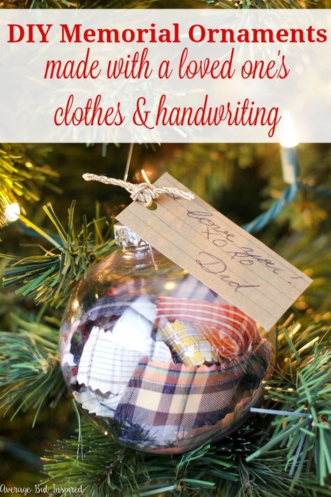 Learn how to make DIY Memorial Ornaments to help honor and remember loved ones who have passed. This project uses a loved one's old clothes and handwriting to create a Christmas ornament that will be cherished by anyone who is missing their loved one. Diy Memory Pillow From Shirt, Diy Memory Ornaments, Memory Shirts Ideas, Memory Keepsake Ideas, Diy Memorial Ornaments, Memorial Projects, Memory Ornaments, Memory Pillow From Shirt, Memory Clothes