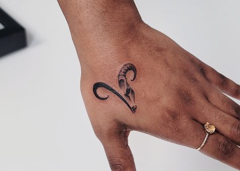 #Aries ♈️ #handtattoos #zodiac #finelinetattoo #minimaltattoo #daintytattoo #greenvillesc #SouthCarolina #tattooartist Rams Tattoo Aries, Ram Finger Tattoo, Men’s Aries Tattoo, Aries And Taurus Tattoo Together, Aries Sign Tattoo For Women, Mens Aries Tattoo, Simple Aries Tattoo Design, Aries Tattoo On Hand, Tattoo Ideas Female Meaningful Aries