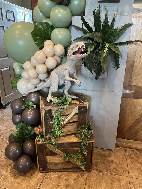 Birthday Party Craft Table, Outside Dinosaur Birthday Party, Jurassic Themed Birthday Party, Dino Party Balloon Garland, Jurassic Park Birthday Party Food, Three Saurus Party, Jurassic Park Party Activities, T Rex Party Ideas, Black And White Dinosaur Party