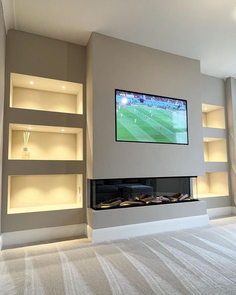 Tv Recessed In Wall, Entertainment Wall With Fireplace, Tv And Fire Wall Ideas, House Renovation Design, Ruang Tv, Feature Wall Living Room, Built In Shelves Living Room, Living Room Wall Units, Living Room Decor Fireplace