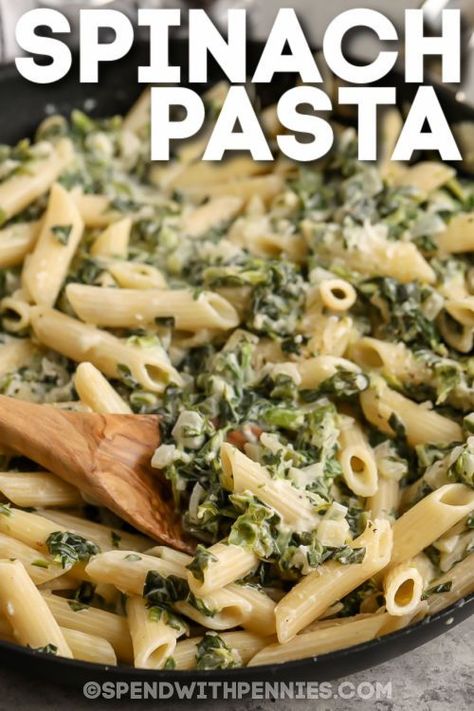 This easy Spinach Pasta recipe is ready in no time for a quick and easy meal. Healthy spinach in a cream cheese sauce with parmesan makes for a tasty dinner that's easy enough to cook any day of the week! For a meatless main dish, serve as is, or stretch this dish even further by adding chicken or shrimp to the mix. Everyone loves this tasty entree or side dish, and it's so easy to cook. #spendwithpennies #spinachpasta #maindish #recipe Frozen Spinach Recipes, Spinach Dinner Recipes, Homemade Spinach Pasta, Creamy Spinach Pasta, Spinach Pasta Recipes, Penne Pasta Recipes, Cheese Pasta Recipes, Pasta Sides, Meatless Main Dishes