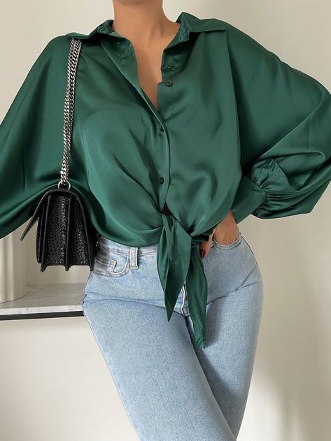 Satin Outfit, Green Ball Gown, Edgy Classic, Goth Fashion, Shades Of Green, Fashion Collection, Ball Gowns, Bell Sleeve Top, Ruffle Blouse